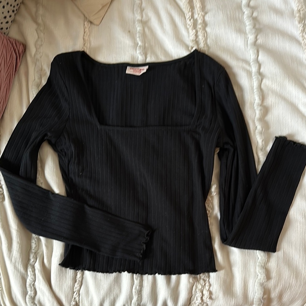 Showpo Black Ribbed Fitted Long Sleeve Blouse